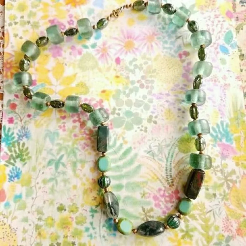 Moss Agate necklace sea glass bead necklace green gemstone boho beaded
